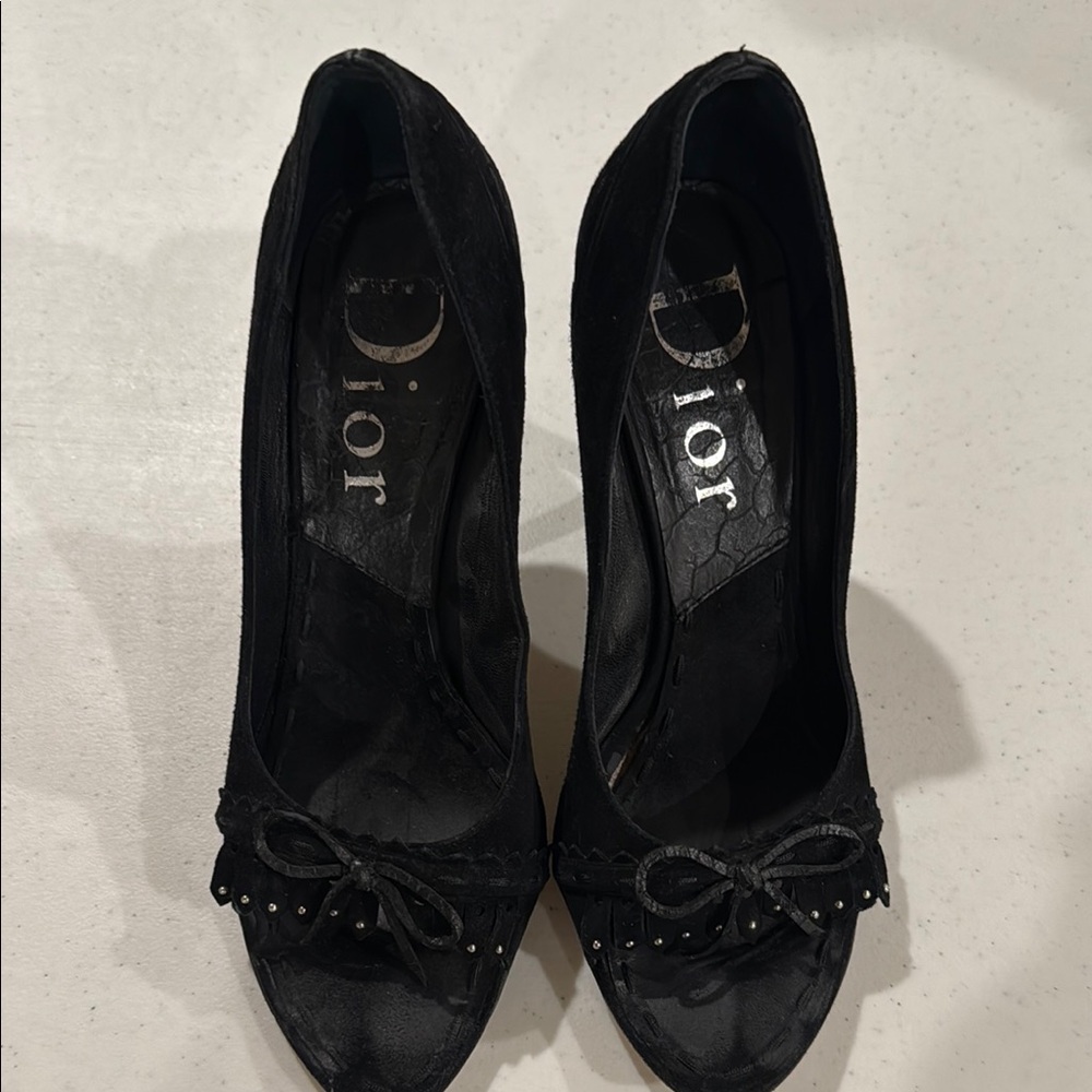 Dior Black Ruffled Suede Heels